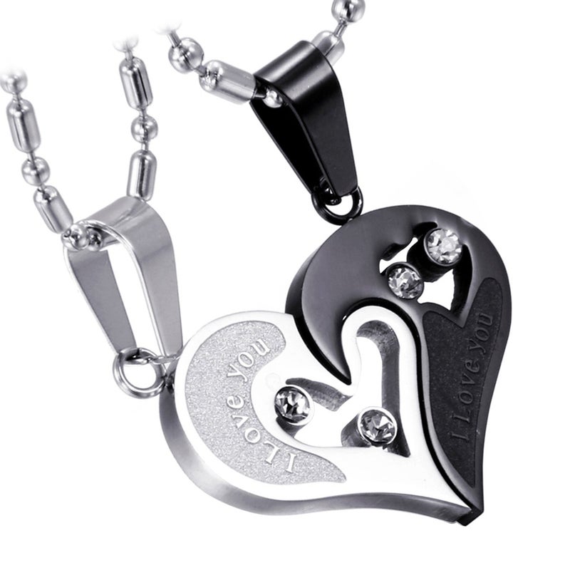Cupimatch 2-Piece Stainless Steel Couple Necklace Rhinestone I Love You Heart Puzzle Matching Pendant for Couples with Love Chain for Valentine's Day - Image 1